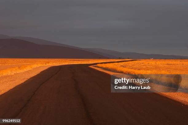 road to sossusvlei in the early morning light, dark clouds, sossusvlei, namib desert, namib-naukluft national park, namibia - skeleton coast national park stock pictures, royalty-free photos & images