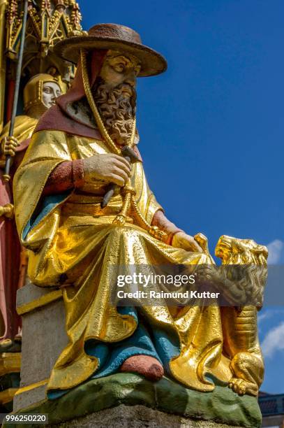 gothic saint figure of the church father st. jerome, schoener brunnen fountain, nuremberg, middle franconia, franconia, bavaria, germany - brunnen stock pictures, royalty-free photos & images