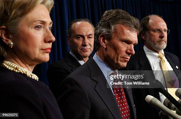 Sens. From left, Hillary Clinton, D-N.Y., Chuck Schumer, D-N.Y., Tom Daschle, D-S.D., Jon Corzine, D-N.J., Tom Daschle, D-S.D., attend a news...