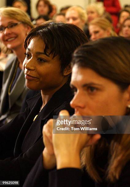 Gymnist Dominique Dawes, left, and Mia Hamm, soccer player for the Washington Freedom, testified in support of the 1072 law, Title IX, which...
