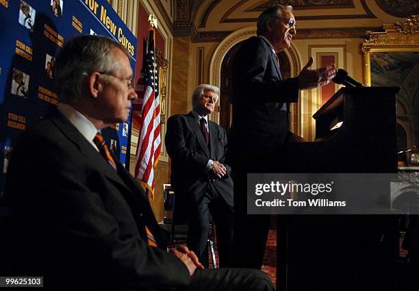 From left, Senate Minority Leader Harry Reid, D-Nev., Sens. Ted Kennedy, D-Mass., and Tom Harkin, D-Iowa, hold a news conference to call on Senate...