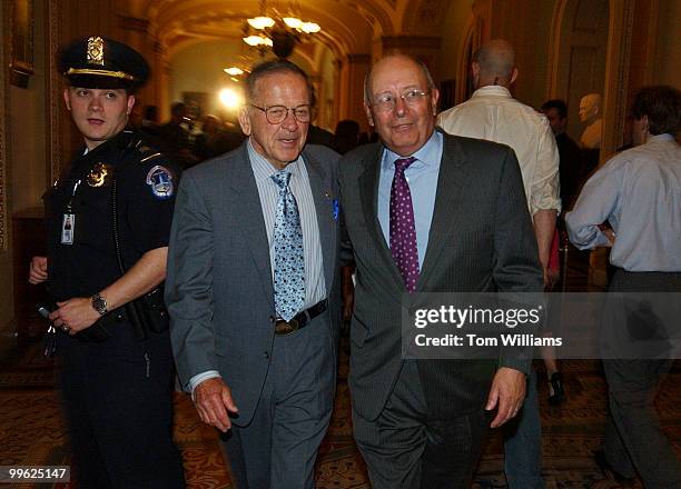 Sen. Ted Stevens, R-Alaska, and former Senator Al D'Amato, walk to the Republican Luncheon, through the Ohio Clock Corridor.