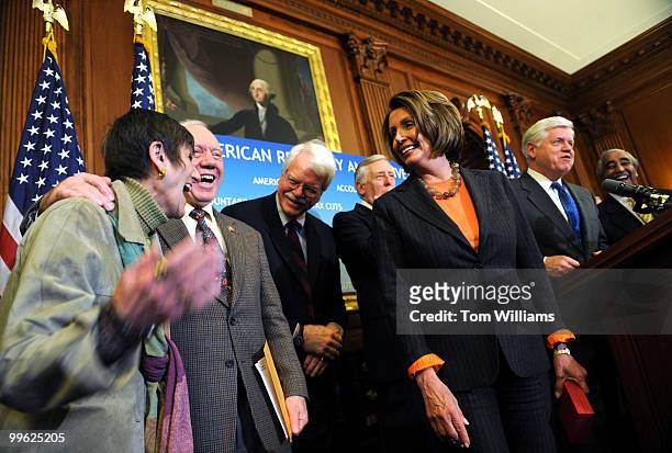 From left, Reps. Rosa DeLauro, D-Conn., James Oberstar, D-Minn., George Miller, D-Calif., House Majority Leader Steny Hoyer, D-Md., Speaker Nancy...
