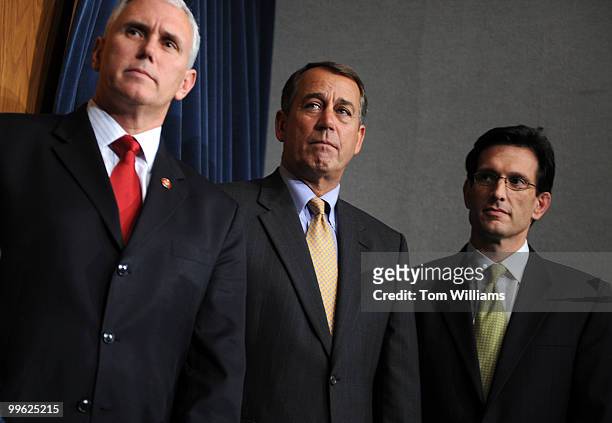 From left, House Republican Conference Chair Mike Pence, R-Ind., House Minority Leader John Boehner, R-Ohio, and Minority Whip Eric Cantor, R-Va.,...