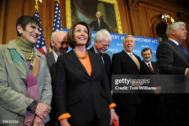 From left, Reps. Rosa DeLauro, D-Conn., James Oberstar, D-Minn., Speaker Nancy Pelosi, D-Calif., Rep. George Miller, D-Calif., House Majority Leader...