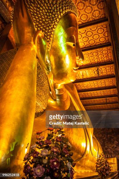 reclining golden buddha - reclining buddha statue stock pictures, royalty-free photos & images