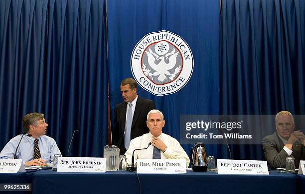 From left, Rep. Fred Upton, R-Mich., House Minority Leader John Boehner, R-Ohio, Rep. Mike Pence, R-Ind., and Rep. John Shimkus, R-Ill., prepare to...