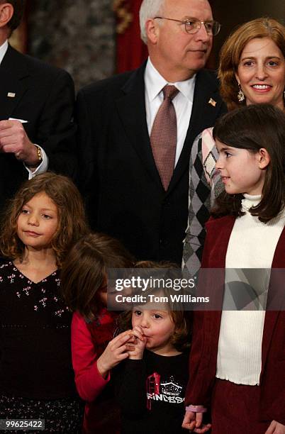 Sen. Arlen Specter's, R-Pa., grandchildren from left, Perri Hatti and Lili Specter and cousin Julie Apfelbaum prepare for a picture with Vice...