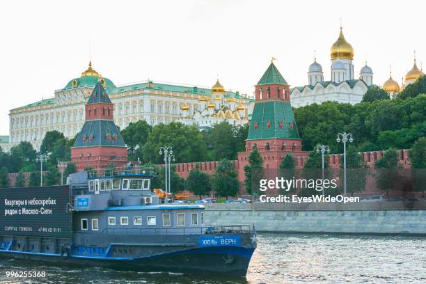 Cityview from river Moskva with the Kremlin and Saint Basil's Cathedral at Red Square on July 05, 2018 in Moscow, Russia.