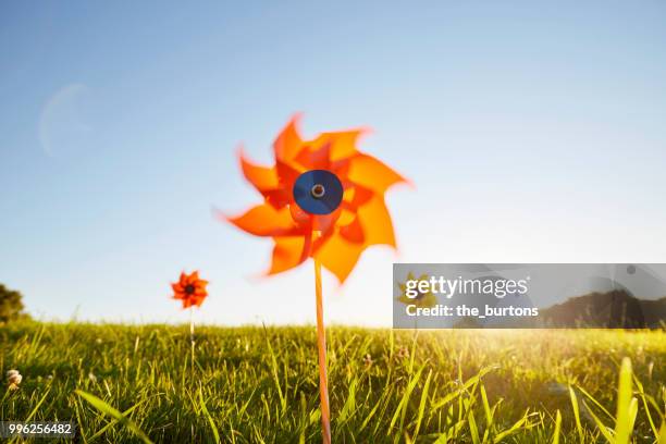 pinwheels on meadow against sky - paper windmill stock-fotos und bilder