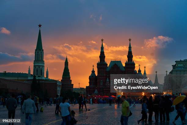 Cityview on Red Square with GUM Shopping Mall, Kremlin, Saint Basil's Cathedral and State Historical Museum on July 8, 2018 in Moscow, Russia.