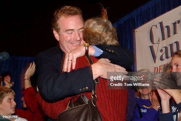 Chris Van Hollen, D-Md., hugs a supporter while giving his victory speach at a party in Silver Spring, Md., after defeating incumbent Rep. Connie...