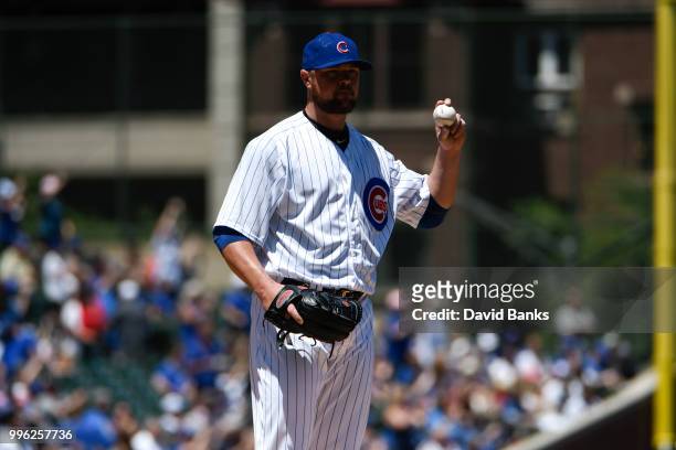 Jon Lester of the Chicago Cubs pitches against the Cincinnati Reds on July 8, 2018 at Wrigley Field in Chicago, Illinois. The Cubs won 6-5 in ten...