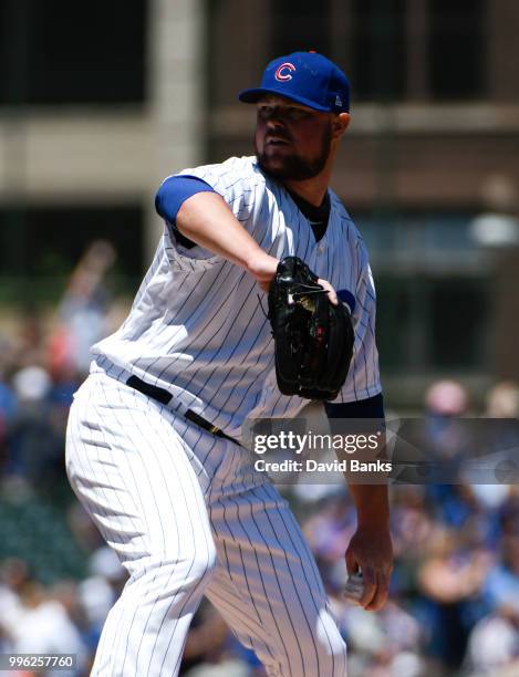 Jon Lester of the Chicago Cubs pitches against the Cincinnati Reds on July 8, 2018 at Wrigley Field in Chicago, Illinois. The Cubs won 6-5 in ten...