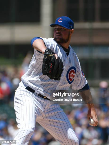 Jon Lester of the Chicago Cubs pitches against the Cincinnati Reds on July 8, 2018 at Wrigley Field in Chicago, Illinois. The Cubs won 6-5 in ten...