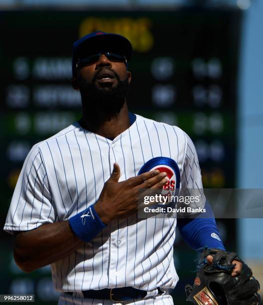 Jason Heyward of the Chicago Cubs reacts after making a catch on Scooter Gennett of the Cincinnati Reds during the eighth inning on July 8, 2018 at...