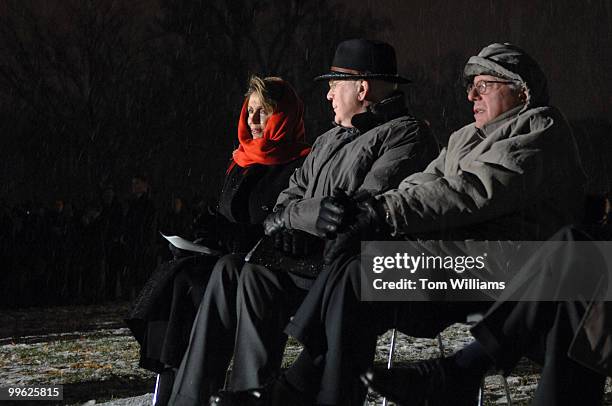 From left, Speaker Nancy Pelosi, D-Calif., Sen. Pat Leahy, D-Vt., and Sen. Bernie Sanders, I-Vt., attend the lighting ceremony for the Capitol...