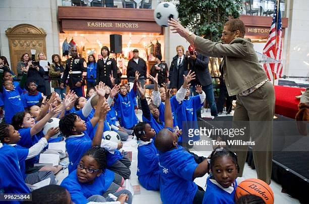 Del. Eleanor Holmes Norton, D-D.C., throws a soccer ball to D.C. Elementary school children during an event to kick off the annual Norwegian...