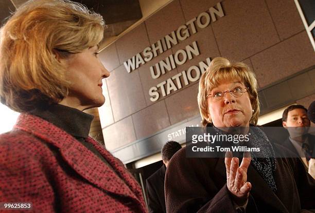 Sen. Kay Bailey Hutchison, R-Texas, left, and Rep. Deborah Pryce, R-Ohio, speak to the media before they board their train at Union Station, that...