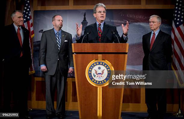From left, Sens. Jon Kyl, R-Ariz., George LeMieux, R-Fla., Tom Coburn, R-Okla., and Jeff Sessions, R-Ala., conduct a news conference on unemployment,...