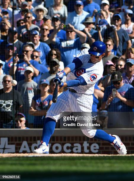 Anthony Rizzo of the Chicago Cubs bats against the Cincinnati Reds on July 8, 2018 at Wrigley Field in Chicago, Illinois. The Cubs won 6-5 in ten...