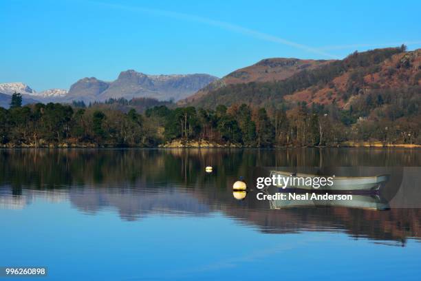 lake windermere and langdale pikes - langdale pikes stock pictures, royalty-free photos & images