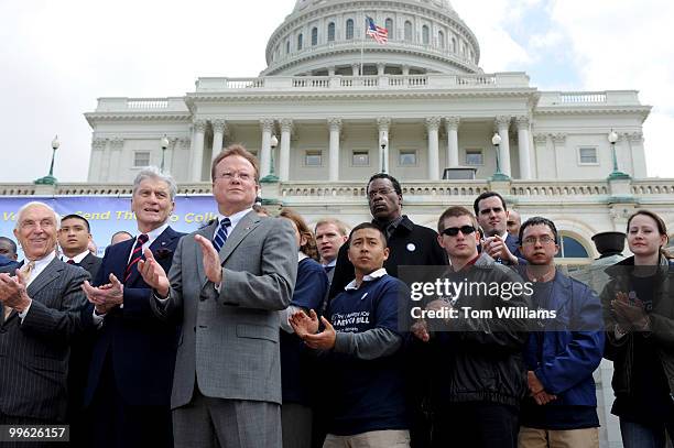 Sens. From left, Frank Lautenberg, D-N.J., John Warner, R-Va., and Jim Webb, D-Va., attend a rally with veterans to urge Congress to pass the "Post...