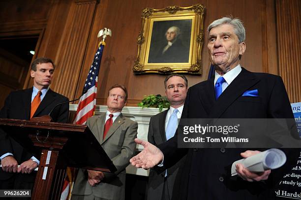 From left, Sen.-elect Mark Warner, D-Va., Jim Webb, D-Va., Gov. Tim Kaine, D-Va., and Sen. John Warner, R-Va., conduct a news conference on the...