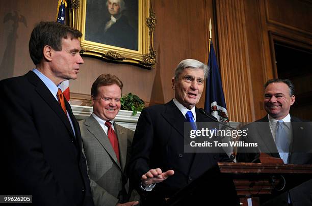 From left, Sen.-elect Mark Warner, D-Va., Jim Webb, D-Va., Sen. John Warner, R-Va., and Gov. Tim Kaine, D-Va., conduct a news conference on the...