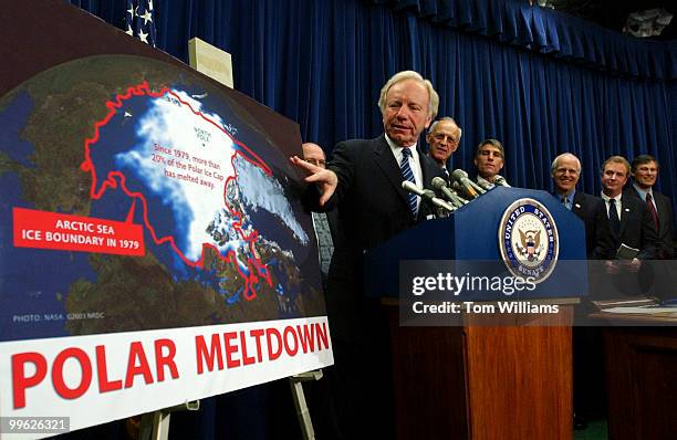 Sen. Joe Lieberman, D-Conn., attends a bipartisan news conference in support of the "Climate Stewardship Act," which is aimed to enact the first...