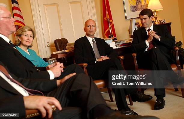 Actor Bruce Willis meets with Sen. Bill Frist, R-Tenn., right, Kay Bailey Hutchison, R-Texas, and Jim Bunning, R-Ky., in the Majority Leader's office...