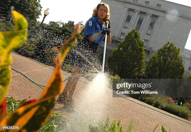 Virginia Harmon, a gardener with the Architect of the Capitol, waters plants in the Bartholdi Park.