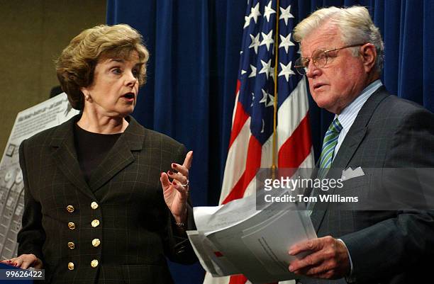 Sens. Diane Feinstein, D-Calif., and Ted Kennedy , D-Mass., attend a news conference urging the Senate to eliminate funds for new generation of...