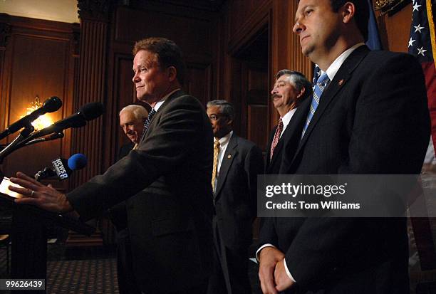 From left, Sens. Frank Lautenberg, D-N.J., Jim Webb, D-Va., Reps. Bobby Scott, D-Va., John Salazar, D-Colo., and Chris Carney, D-Pa., attend a news...