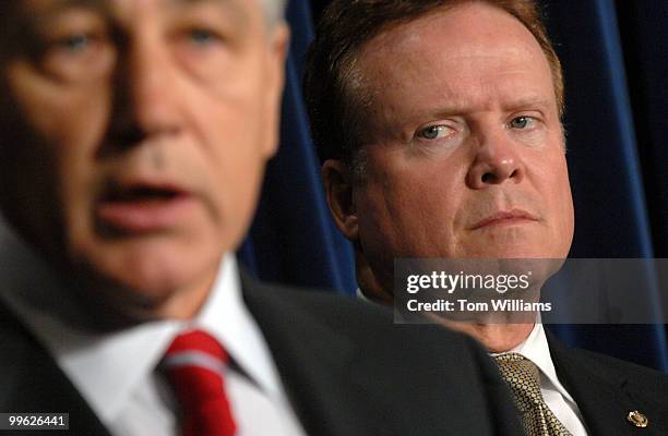 Sen. Jim Webb, D-Va., right, and Sen. Chuck Hagel, R-Neb., conduct a news conference on an amendment that they plan to re-introduce today to the...