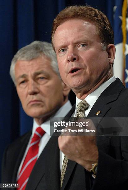 Sen. Jim Webb, D-Va., right, and Sen. Chuck Hagel, R-Neb., conduct a news conference on an amendment that they plan to re-introduce today to the...