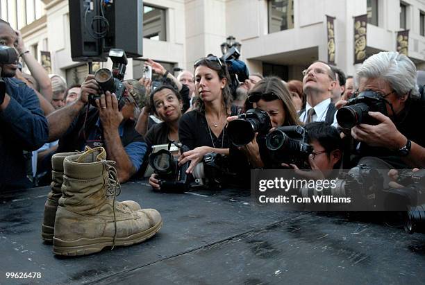 Senator-elect Jim Webb, D-Va., son's combat boots that he campaigned in, are photographed at a rally at Courthouse Plaza in Arlington, in which he...