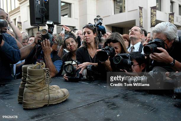Senator-elect Jim Webb, D-Va., son's combat boots that he campaigned in, are photographed at a rally at Courthouse Plaza in Arlington, in which he...