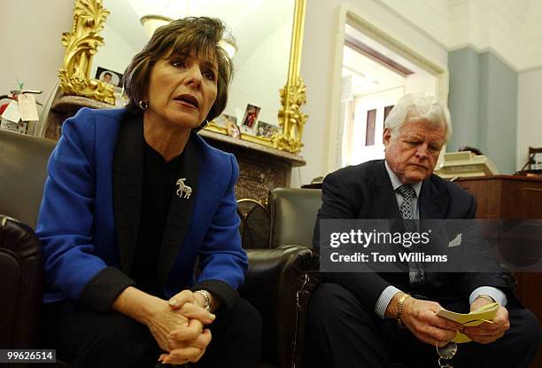 Sens. Barbara Boxer, D-Calif., and Ted Kennedy, D-Mass., speak to the press in the Senate Print Gallery, discussing the minimum wage amendment to the...