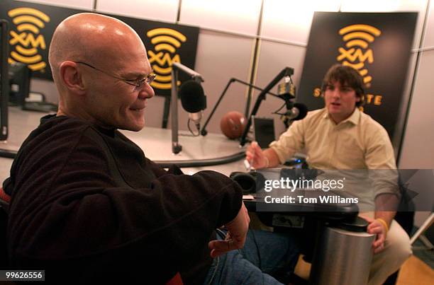 Political consultant James Carville, left, and Luke Russert, son of NBC News' Tim Russert, take a break from taping their new sports radio show at XM...