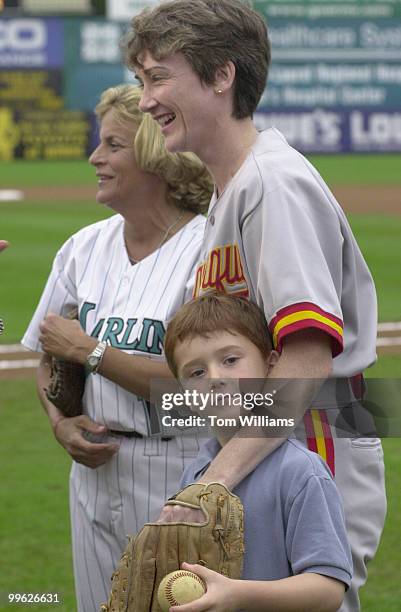 Heather Wilson and Ileana Ros-Lehtinen hang out with with Wilson's six year old son Joshua Hone, during warm-up.