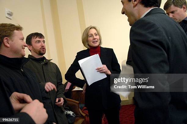 Former White House Press Secretary DeeDee Myers, talks with writers for The Colbert Report, and The Daily Show before a mock debate on the...