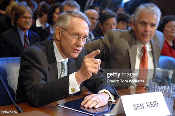 Senate Majority Leader Harry Reid, D-Nev., left, and Sen. John Ensign, R-Nev., testified at a hearing on the Yucca Mountain Nuclear Waste Project.