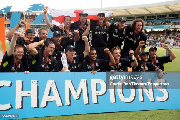 The England team celebrate with the trophy following the final of the ICC World Twenty20 between Australia and England at the Kensington Oval on May...