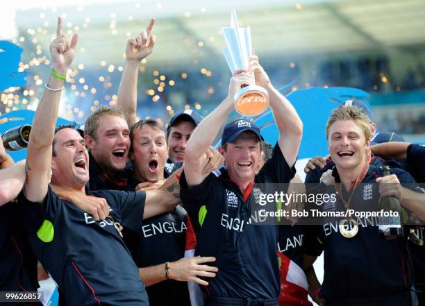 England captain Paul Collingwood and team celebrate with the trophy following the final of the ICC World Twenty20 between Australia and England at...