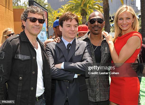 Actors Antonio Banderas, Mike Myers, Eddie Murphy and Cameron Diaz arrive at the "Shrek Forever After" Los Angeles premiere held at Gibson...