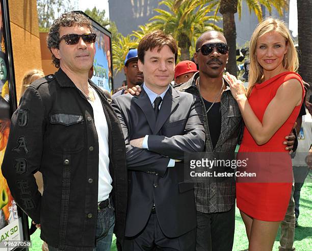 Actors Antonio Banderas, Mike Myers, Eddie Murphy and Cameron Diaz arrive at the "Shrek Forever After" Los Angeles premiere held at Gibson...