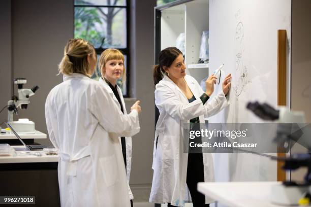 group of happy female scientists working in laboratory - optical equipment stock pictures, royalty-free photos & images