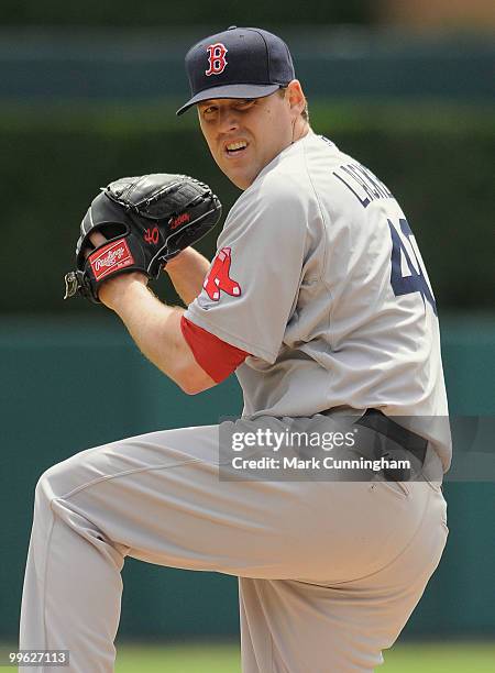 John Lackey of the Boston Red Sox pitches against the Detroit Tigers during the game at Comerica Park on May 16, 2010 in Detroit, Michigan. The...