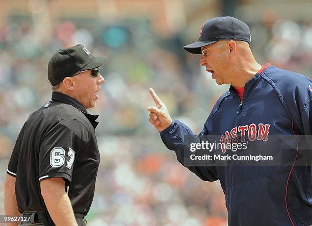 Manager Terry Francona of the Boston Red Sox argues his point with home plate umpire Lance Barksdale during the game against the Detroit Tigers at...